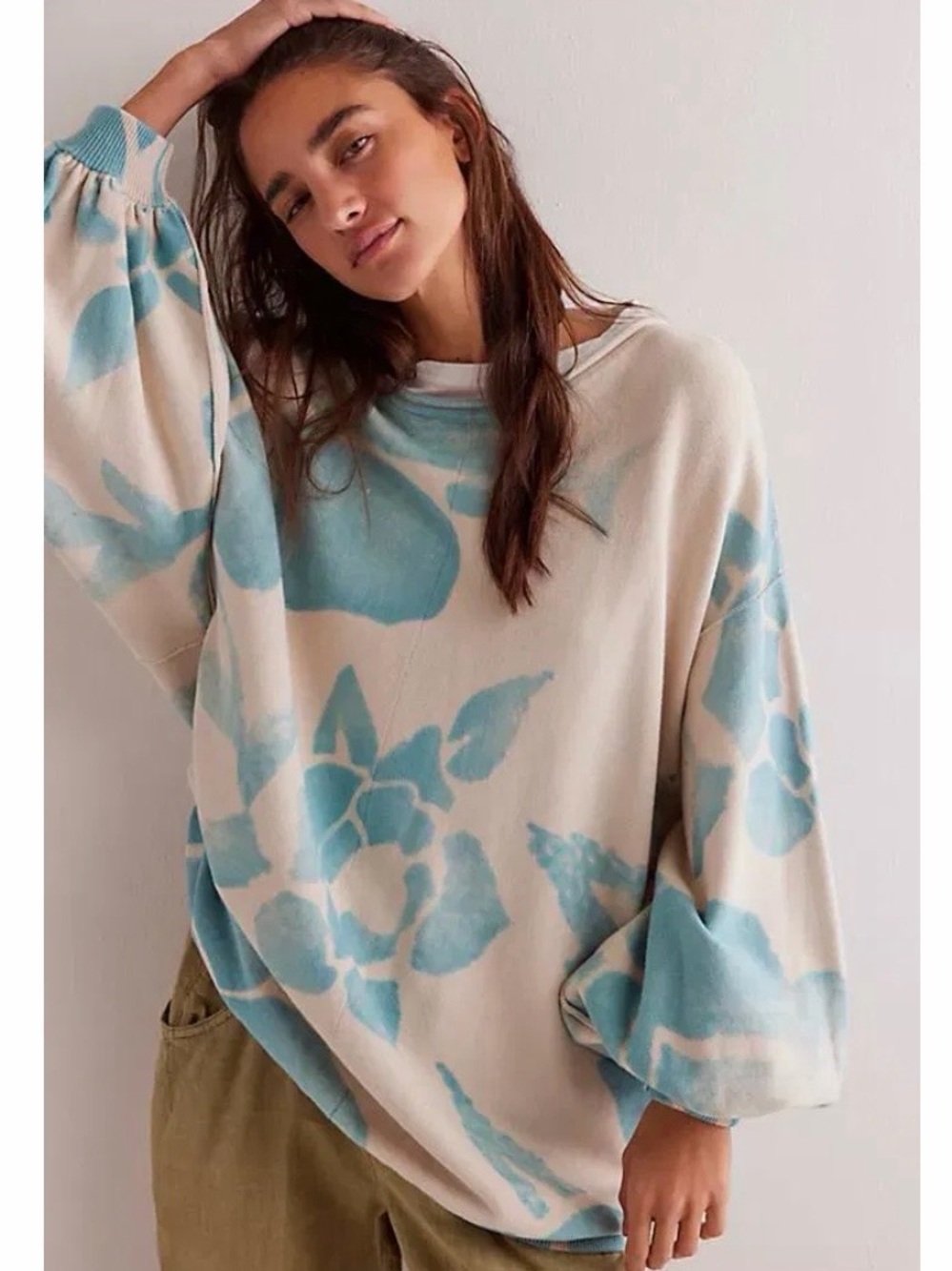 Free People We The Free Painters Garden Pullover Sweatshirt Blue Cream M Boho